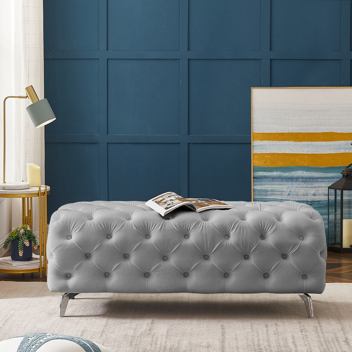 Button-Tufted Ottoman Bench Velvet Footrest Stool Accent Bench