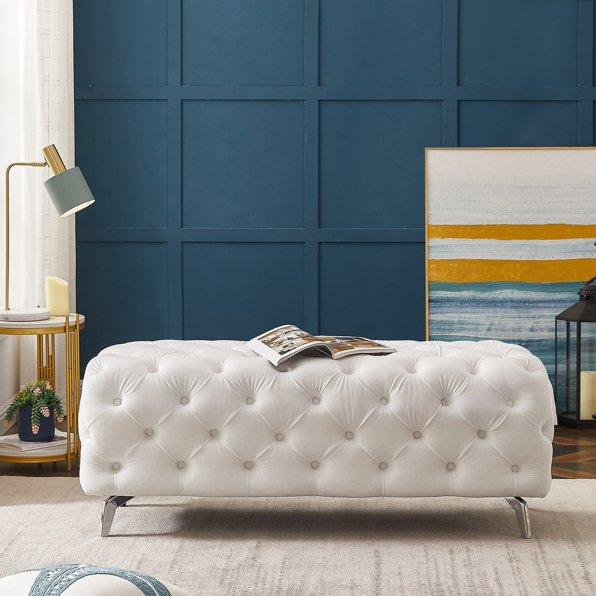 Button-Tufted Ottoman Bench Velvet Footrest Stool Accent Bench