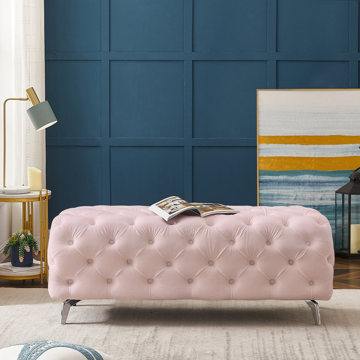 Button-Tufted Ottoman Bench Velvet Footrest Stool Accent Bench