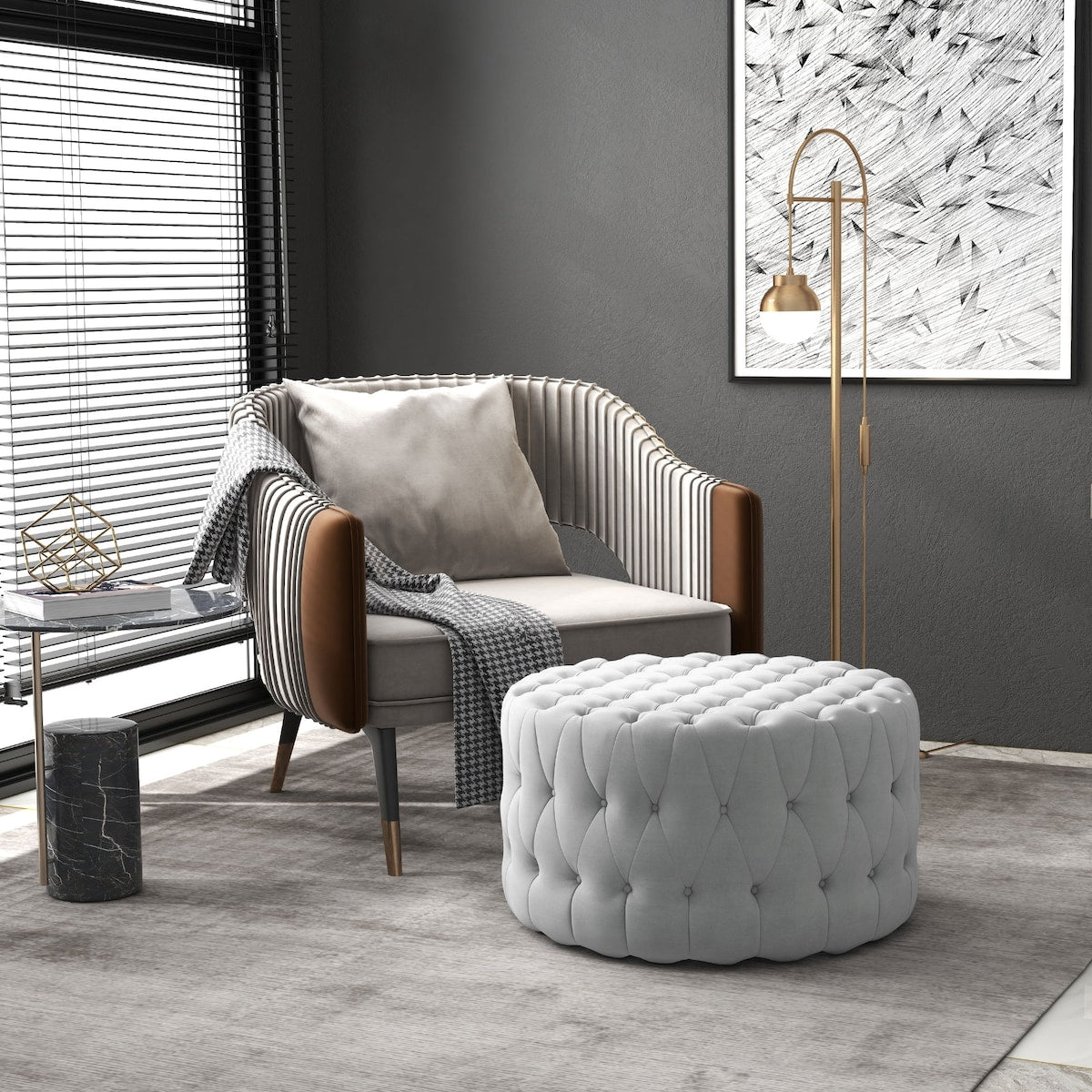 Button Tufted Ottoman Foot Stool with Velvet-feel Upholstery