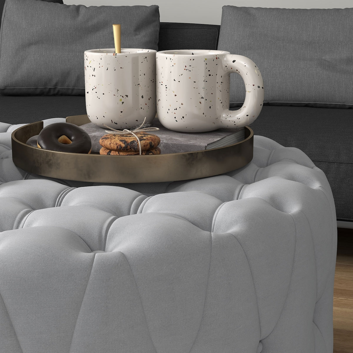 Button Tufted Ottoman Foot Stool with Velvet-feel Upholstery