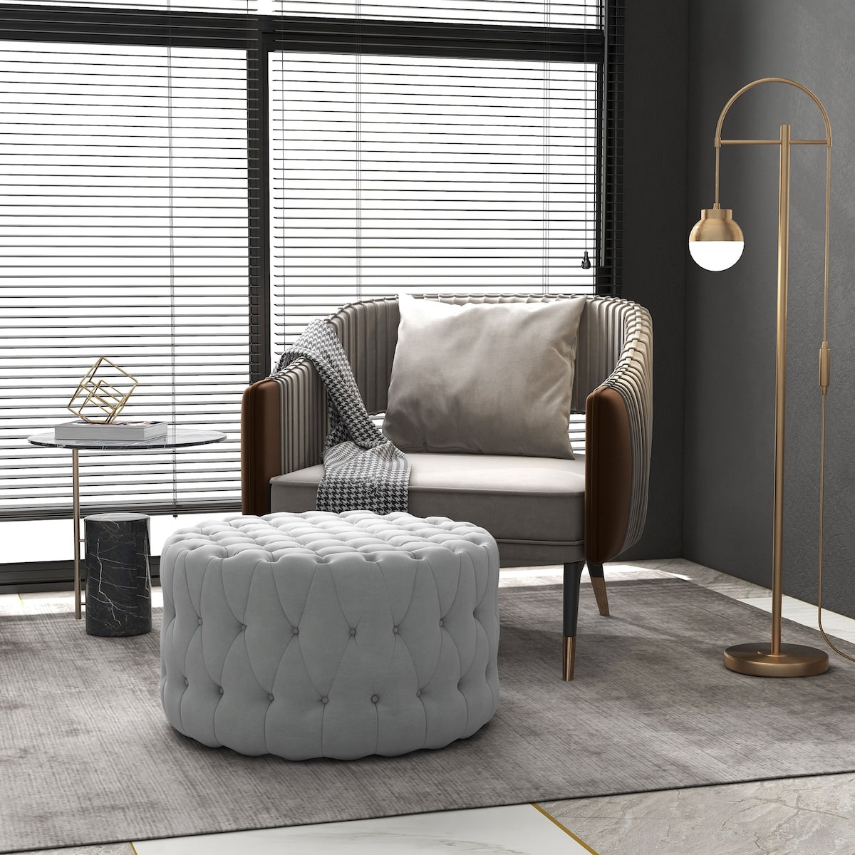 Button Tufted Ottoman Foot Stool with Velvet-feel Upholstery
