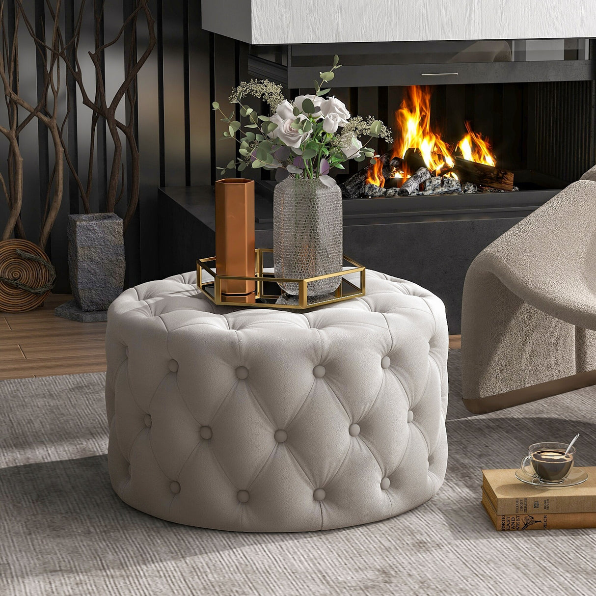 Button Tufted Round Tufted Velvet Ottoman Living Room Footrest