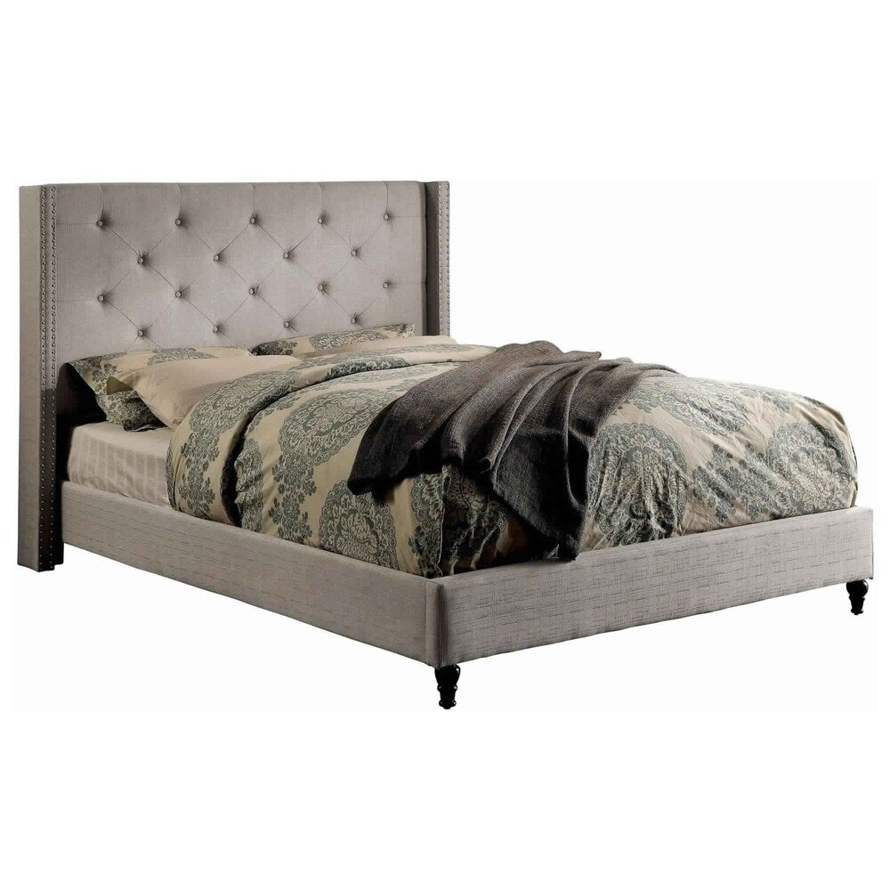 Button Tufted Wingback Queen Size Bed with Nailhead Trims, Gray