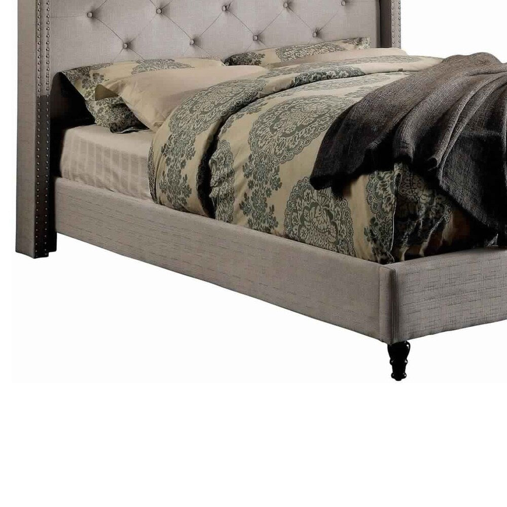 Button Tufted Wingback Queen Size Bed with Nailhead Trims, Gray