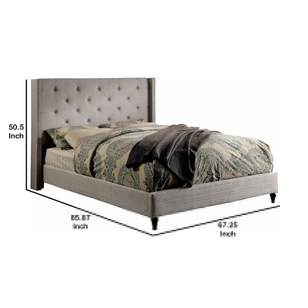 Button Tufted Wingback Queen Size Bed with Nailhead Trims, Gray
