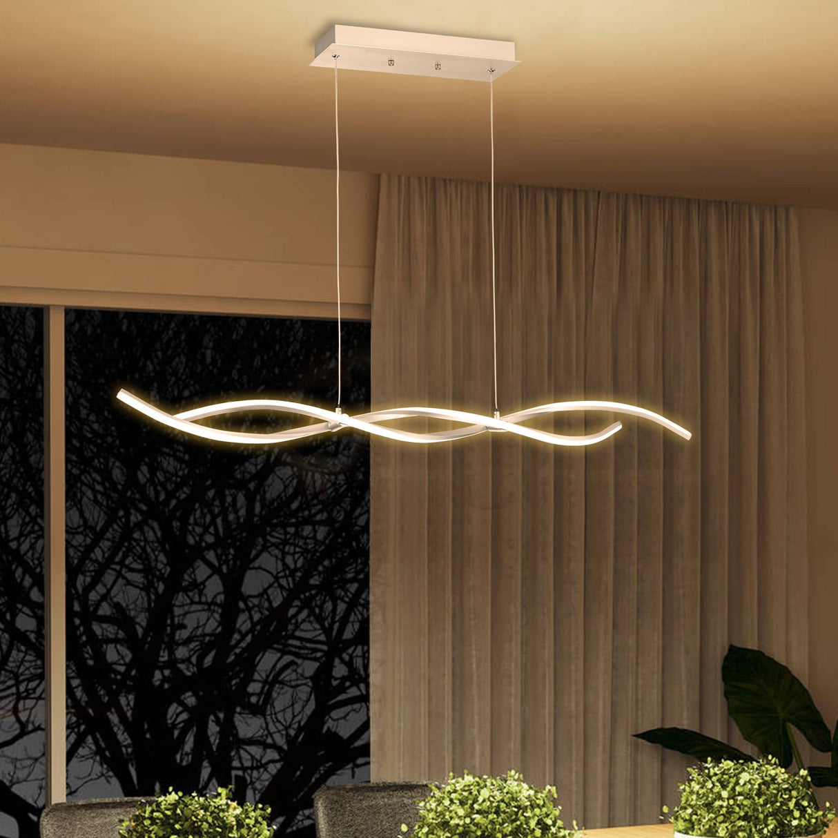 C Cattleya 2-Light Silver Wave Spiral LED Chandelier Island Pendant Light