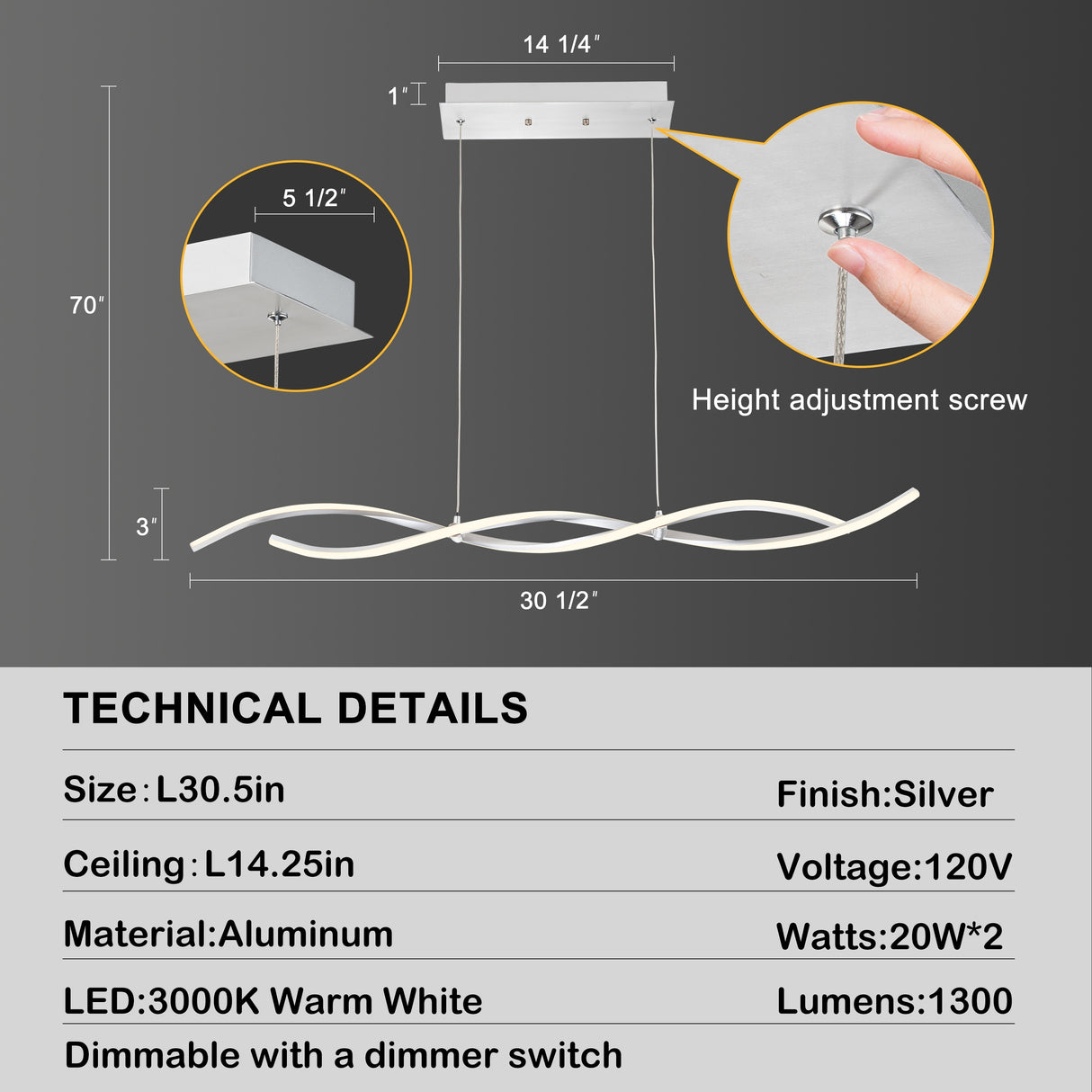 C Cattleya 2-Light Silver Wave Spiral LED Chandelier Island Pendant Light