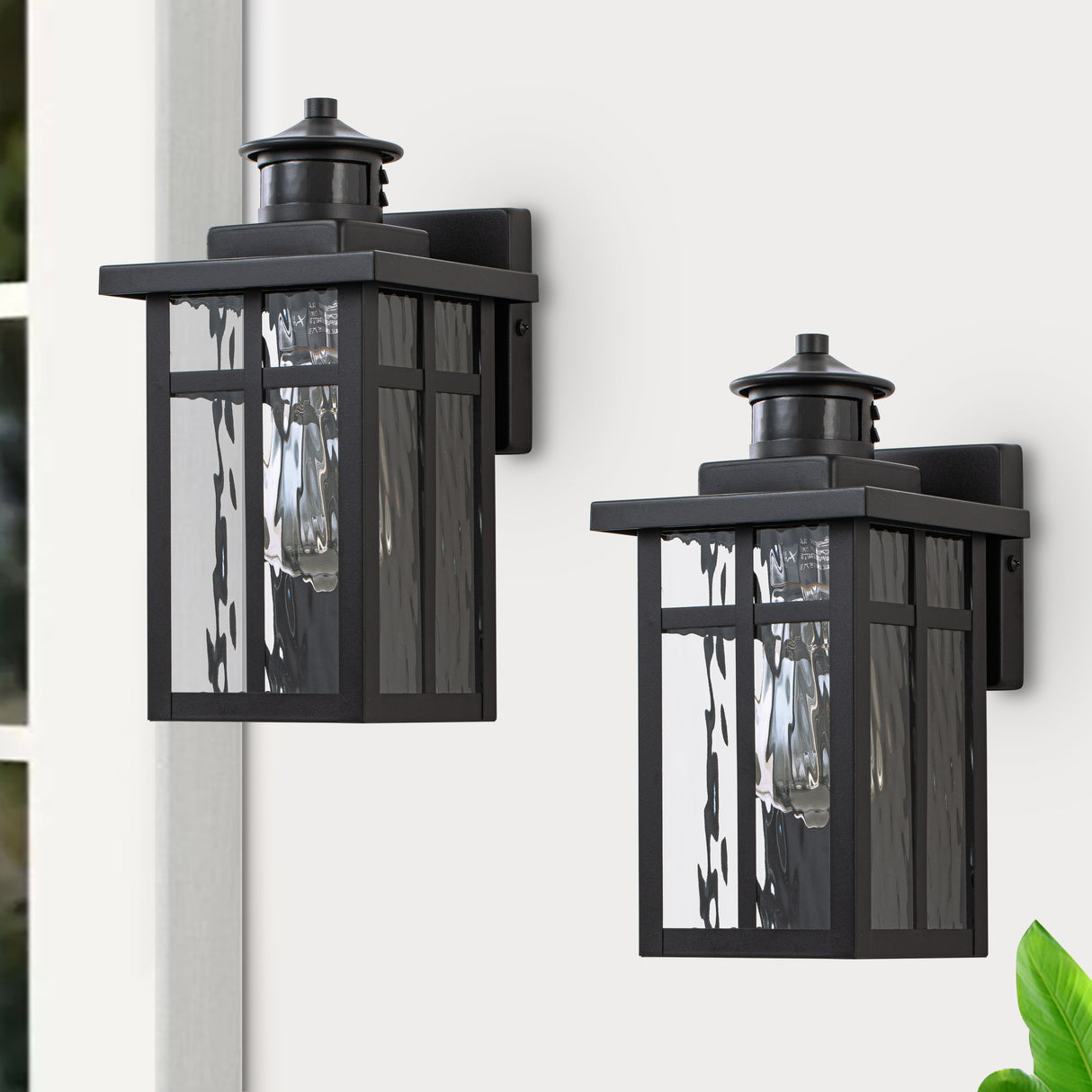 C Cattleya 2-Pack Matte Black Motion Sensor Dusk to Dawn Outdoor Wall Sconce Light With Water Glass