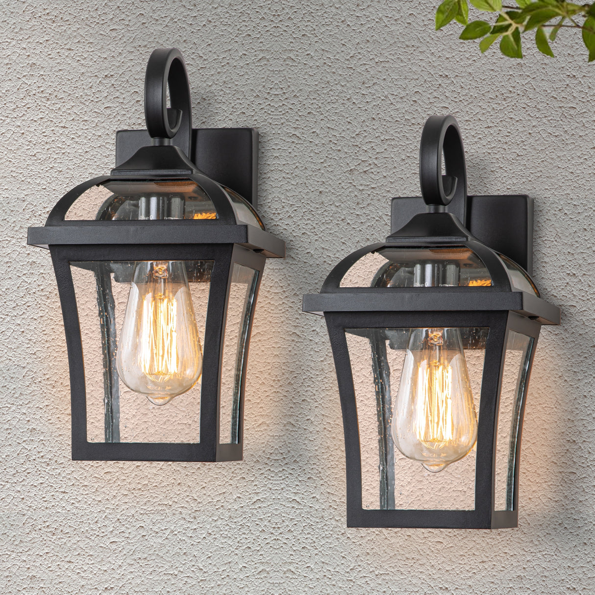C Cattleya 2-Pack Matte Black Outdoor Wall Light Sconces with Clear Seeded Glass