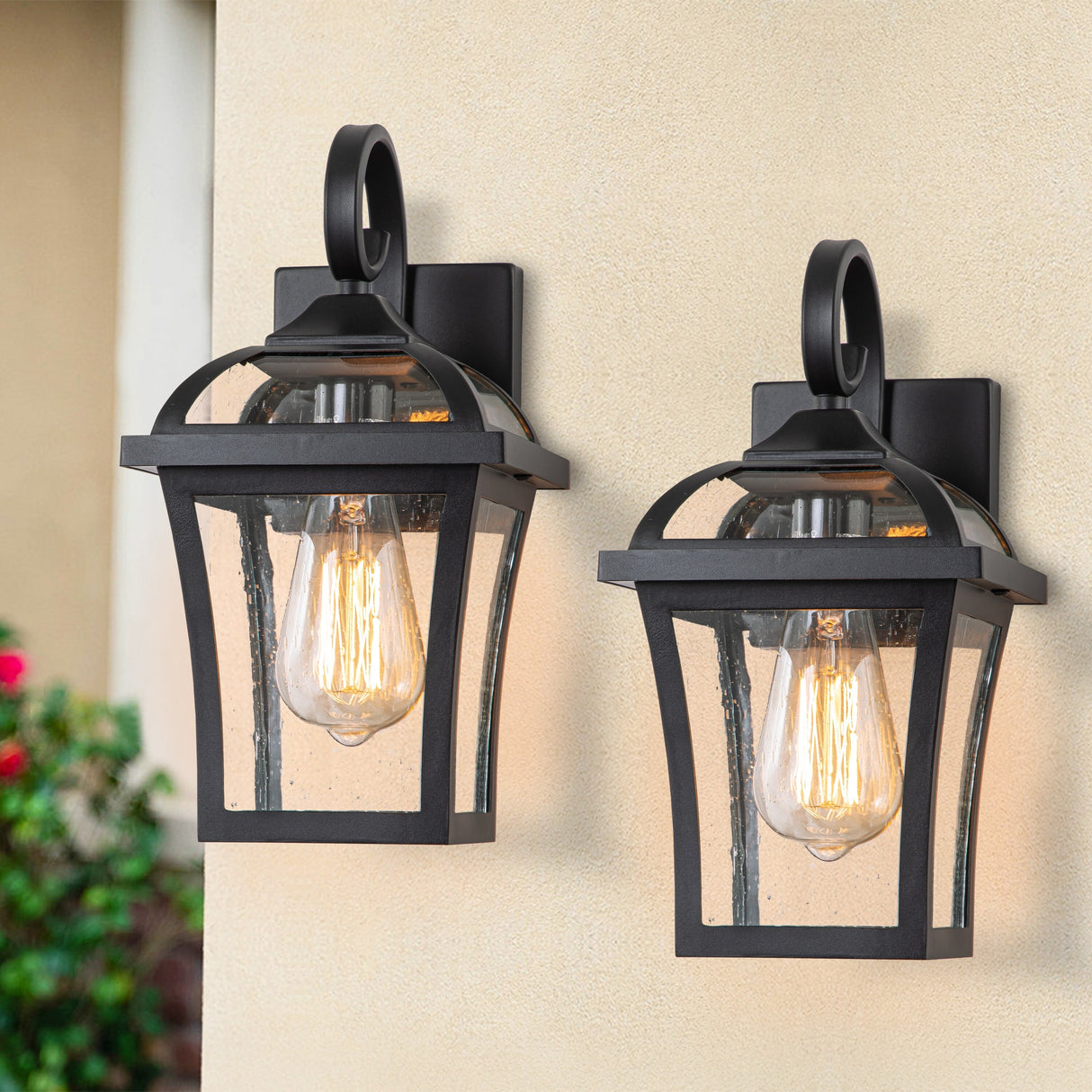 C Cattleya 2-Pack Matte Black Outdoor Wall Light Sconces with Clear Seeded Glass