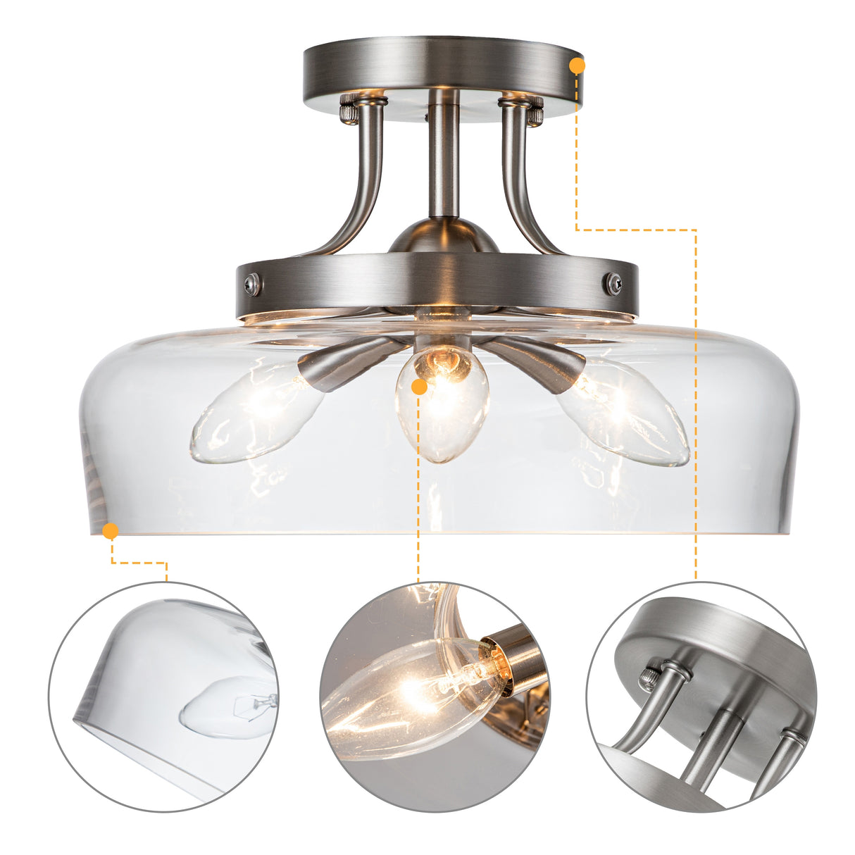 C Cattleya 3-Light Satin Nickel Semi Flush Mount Ceiling Light with Glass Shade