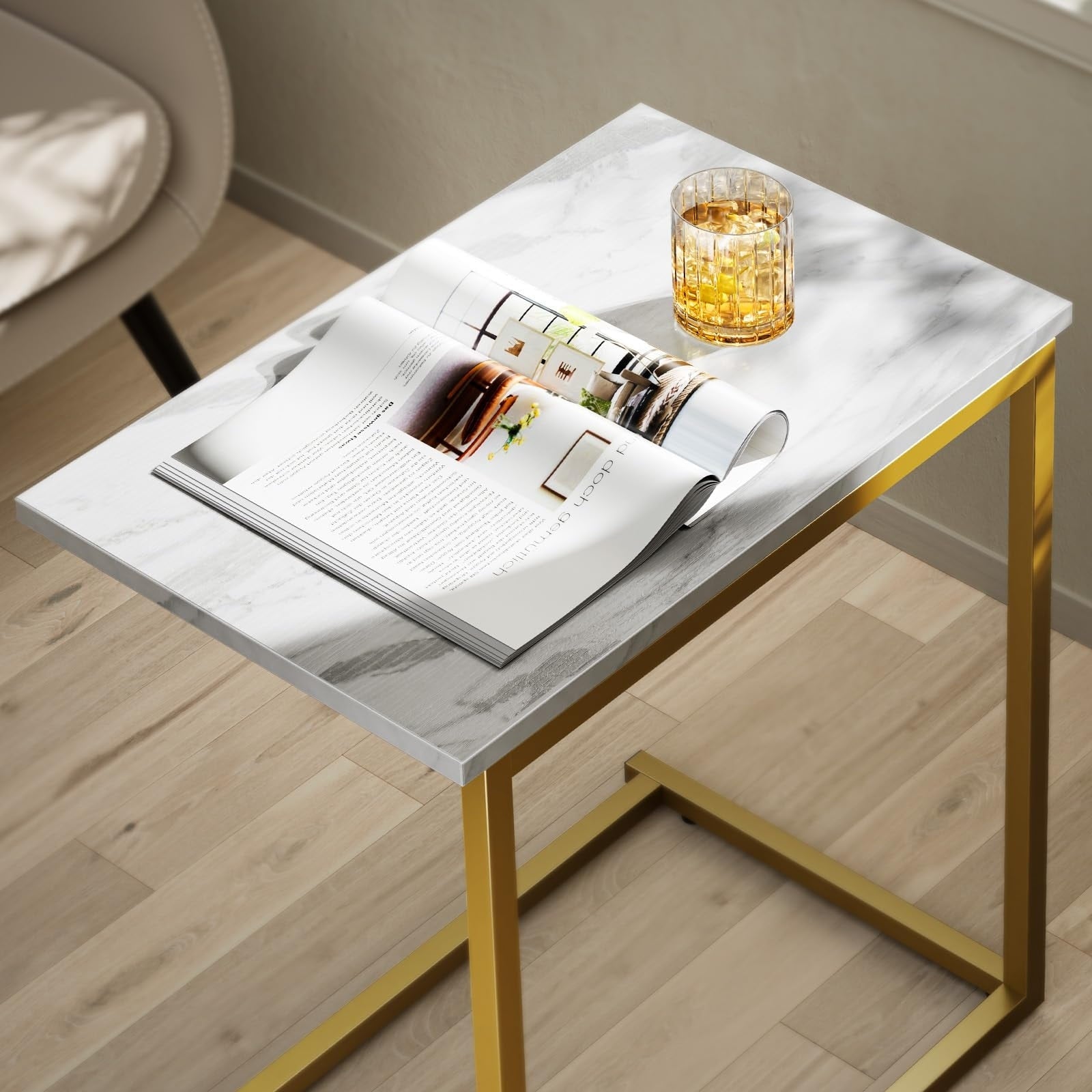 C Shaped End Table 27 Inches High Side Table for Couch Slide Under C Table Sofa Side End Table for Living Room Brown