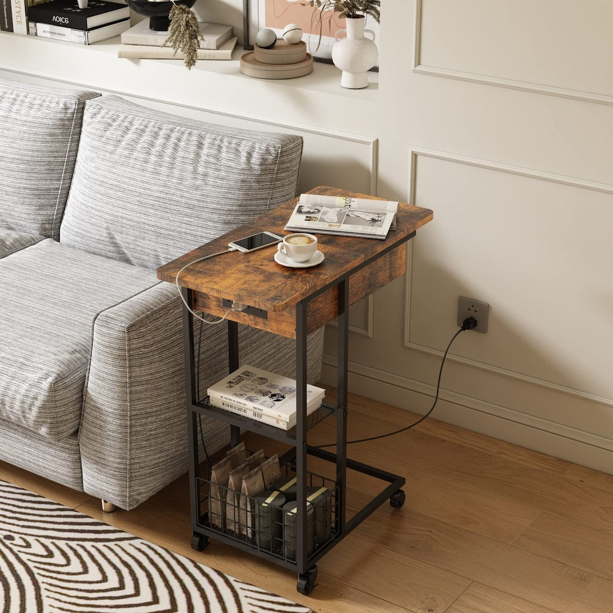 C Shaped End Table with Charging Station, Flip Top Side Table with USB Ports and Outlets,C Table Sofa Table with Storage Shelf
