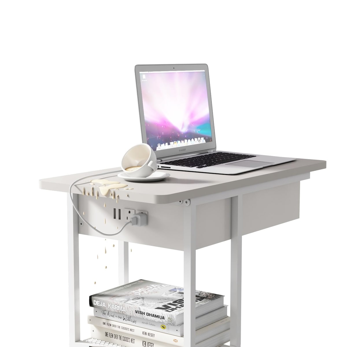 C Shaped End Table with Charging Station, Flip Top Side Table with USB Ports and Outlets,C Table Sofa Table with Storage Shelf