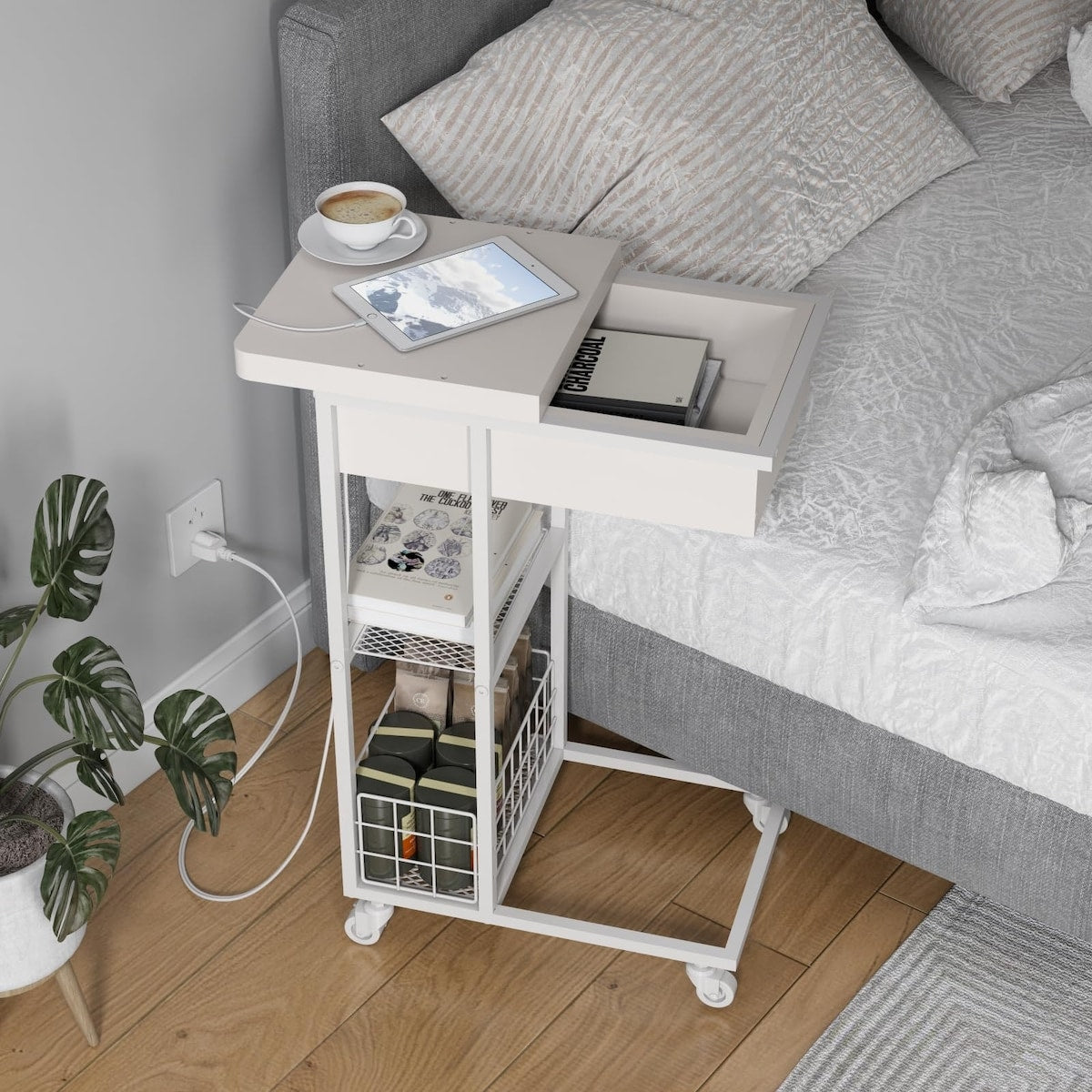 C Shaped End Table with Charging Station, Flip Top Side Table with USB Ports and Outlets,C Table Sofa Table with Storage Shelf