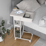 C Shaped End Table with Charging Station, Flip Top Side Table with USB Ports and Outlets,C Table Sofa Table with Storage Shelf