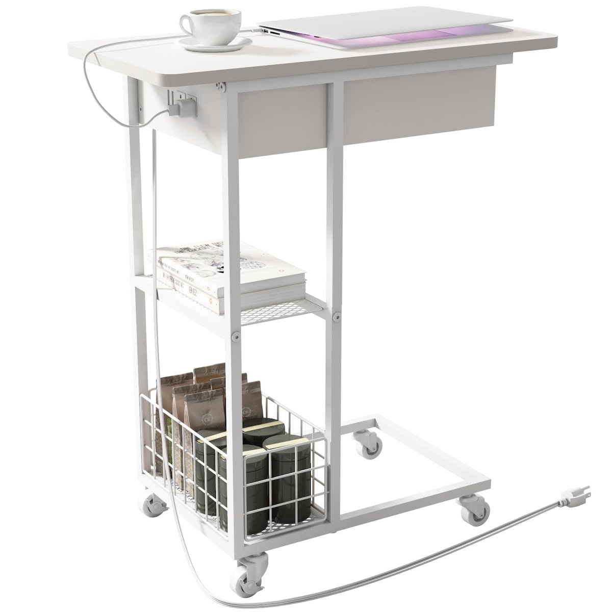 C Shaped End Table with Charging Station, Flip Top Side Table with USB Ports and Outlets,C Table Sofa Table with Storage Shelf