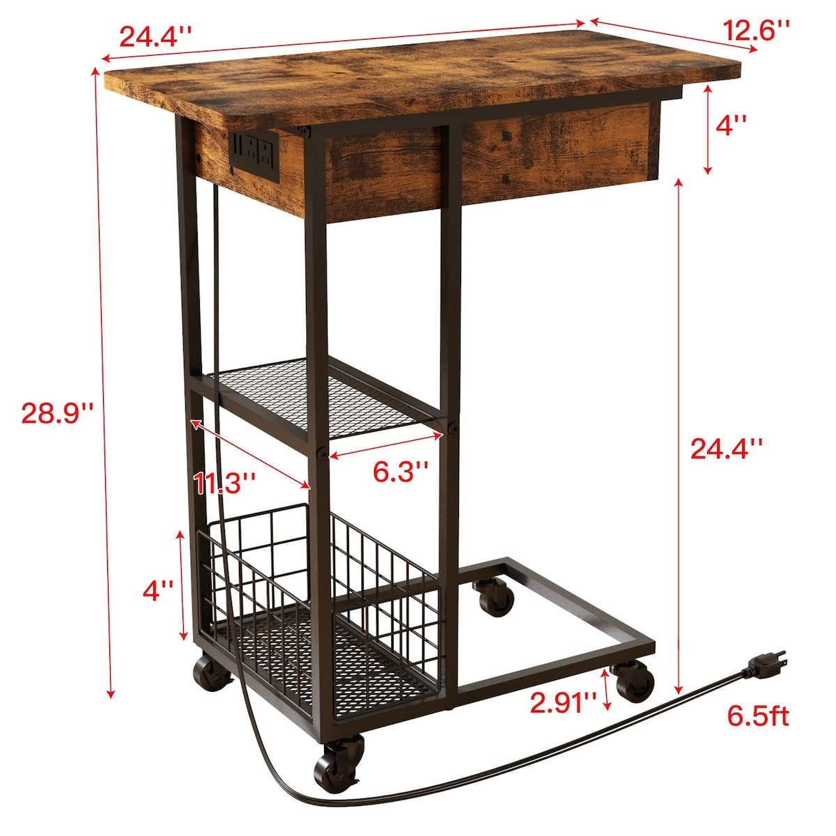 C Shaped End Table with Charging Station, Flip Top Side Table with USB Ports and Outlets,C Table Sofa Table with Storage Shelf