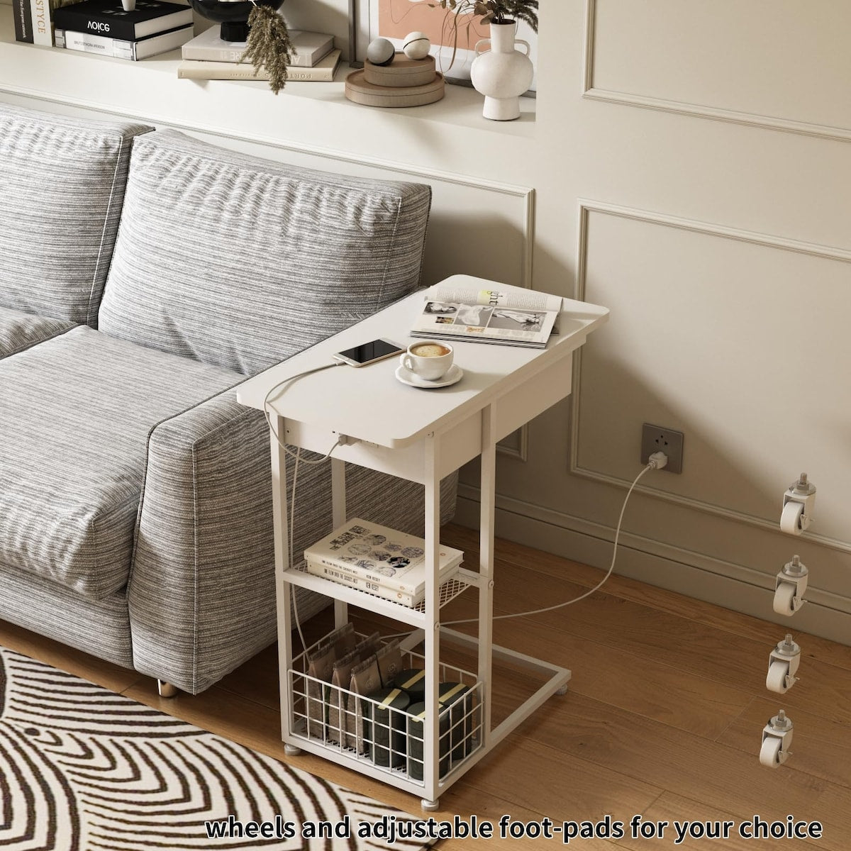 C Shaped End Table with Charging Station, Flip Top Side Table with USB Ports and Outlets,C Table Sofa Table with Storage Shelf