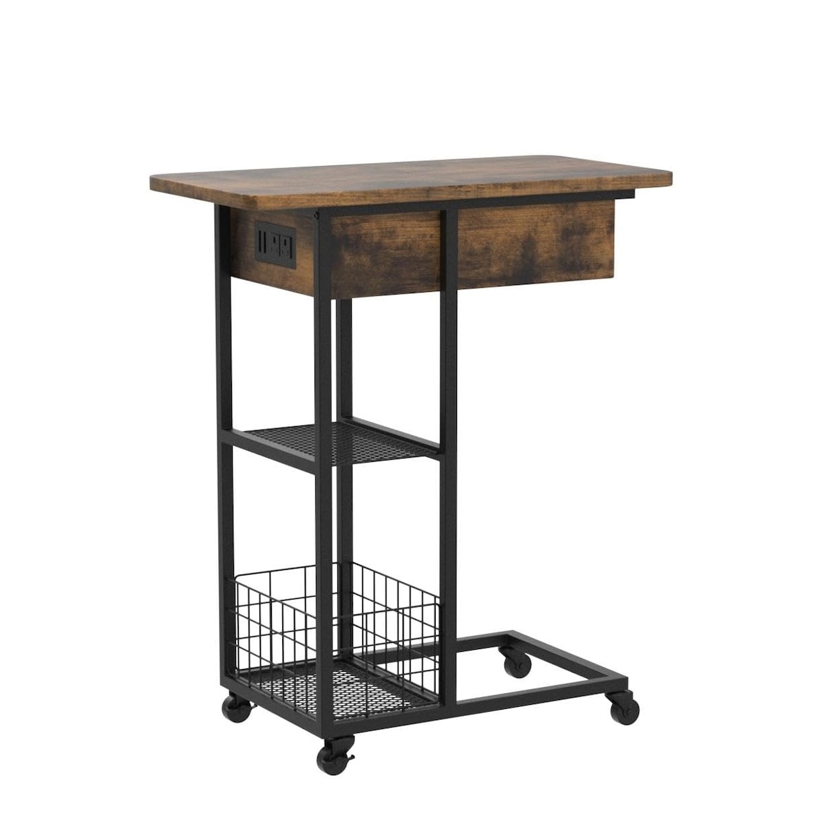C Shaped End Table with Charging Station, Flip Top Side Table with USB Ports and Outlets,C Table Sofa Table with Storage Shelf