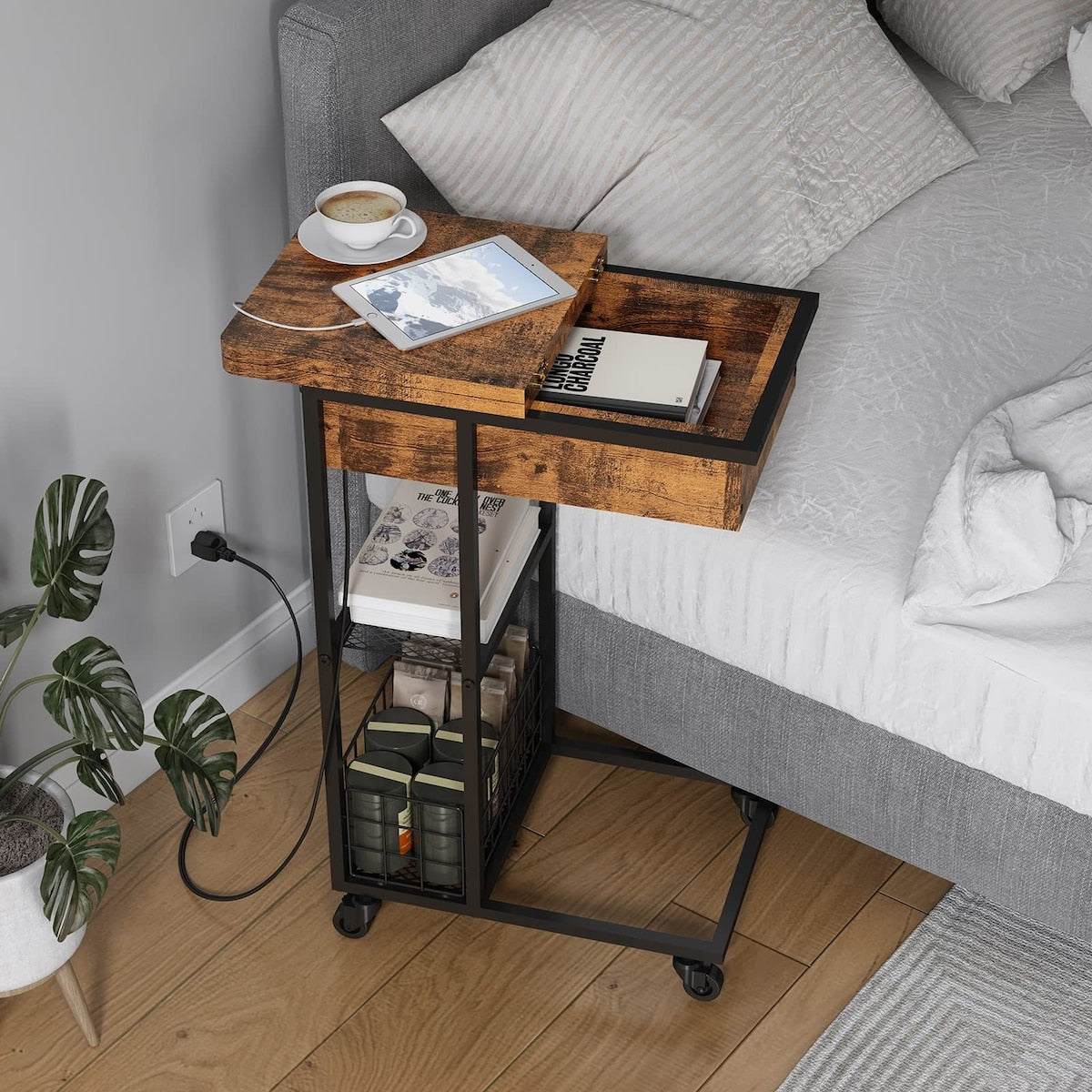C Shaped End Table with Charging Station, Flip Top Side Table with USB Ports and Outlets,C Table Sofa Table with Storage Shelf