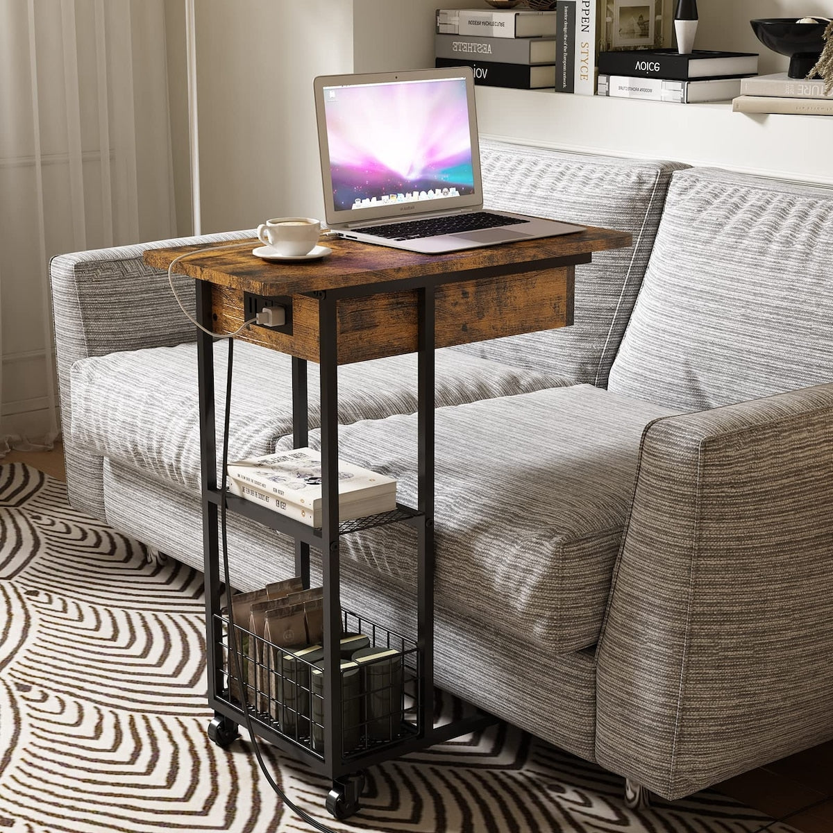 C Shaped End Table with Charging Station, Flip Top Side Table with USB Ports and Outlets,C Table Sofa Table with Storage Shelf