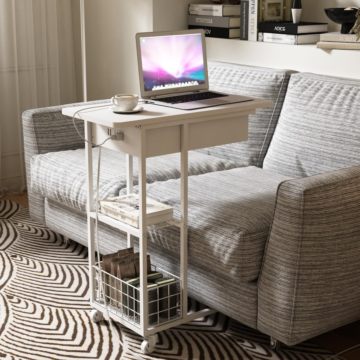 C Shaped End Table with Charging Station, Flip Top Side Table with USB Ports and Outlets,C Table Sofa Table with Storage Shelf