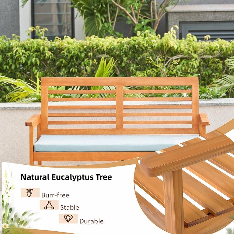 Slatted Eucalyptus Wood Garden Bench with Cushion