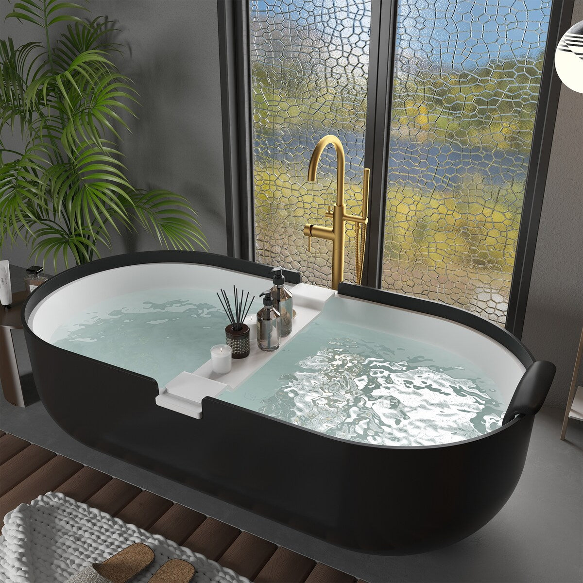 CASAINC Resin Stone Solid Surface Soaking Stand Alone Bathtub Freestanding Bathtub in Matte White