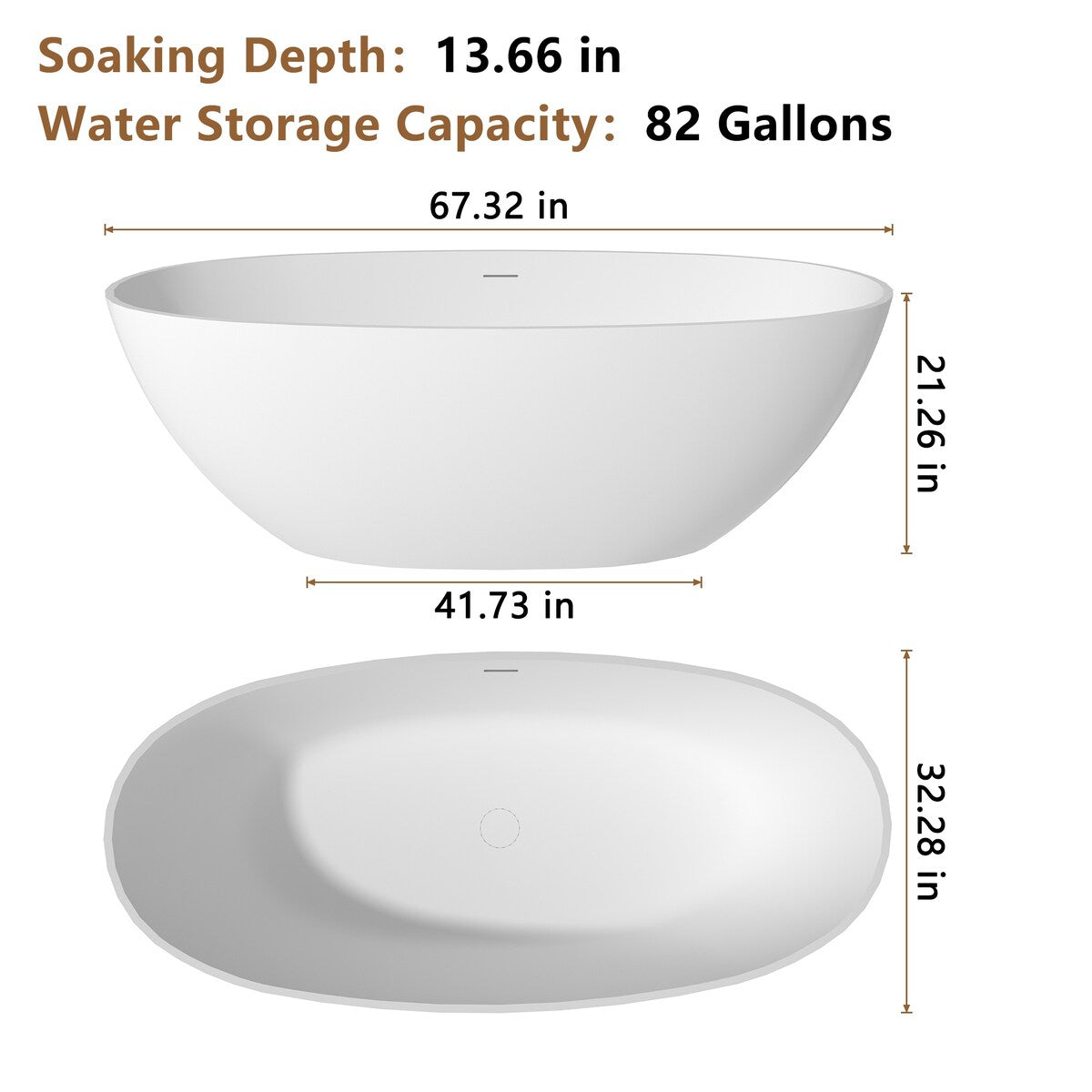 CASAINC Soaking Bathtub Solid Surface Stone Bathtub with Center Drain in Matte White