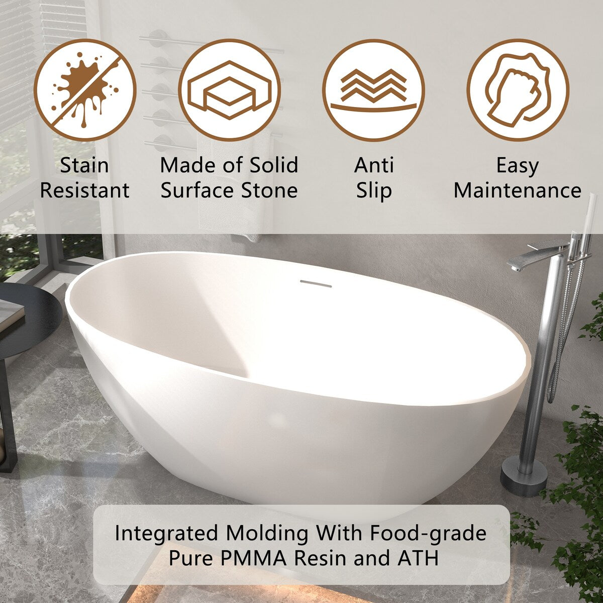 CASAINC Soaking Bathtub Solid Surface Stone Bathtub with Center Drain in Matte White