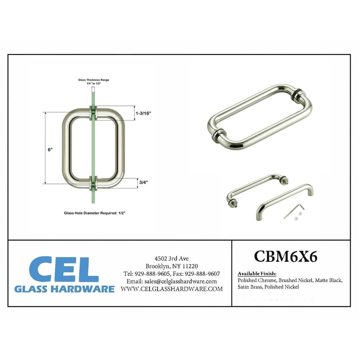 CEL 6&quot;x6&quot; Tubular Stainless Steel Back to Back Shower Door Pull 