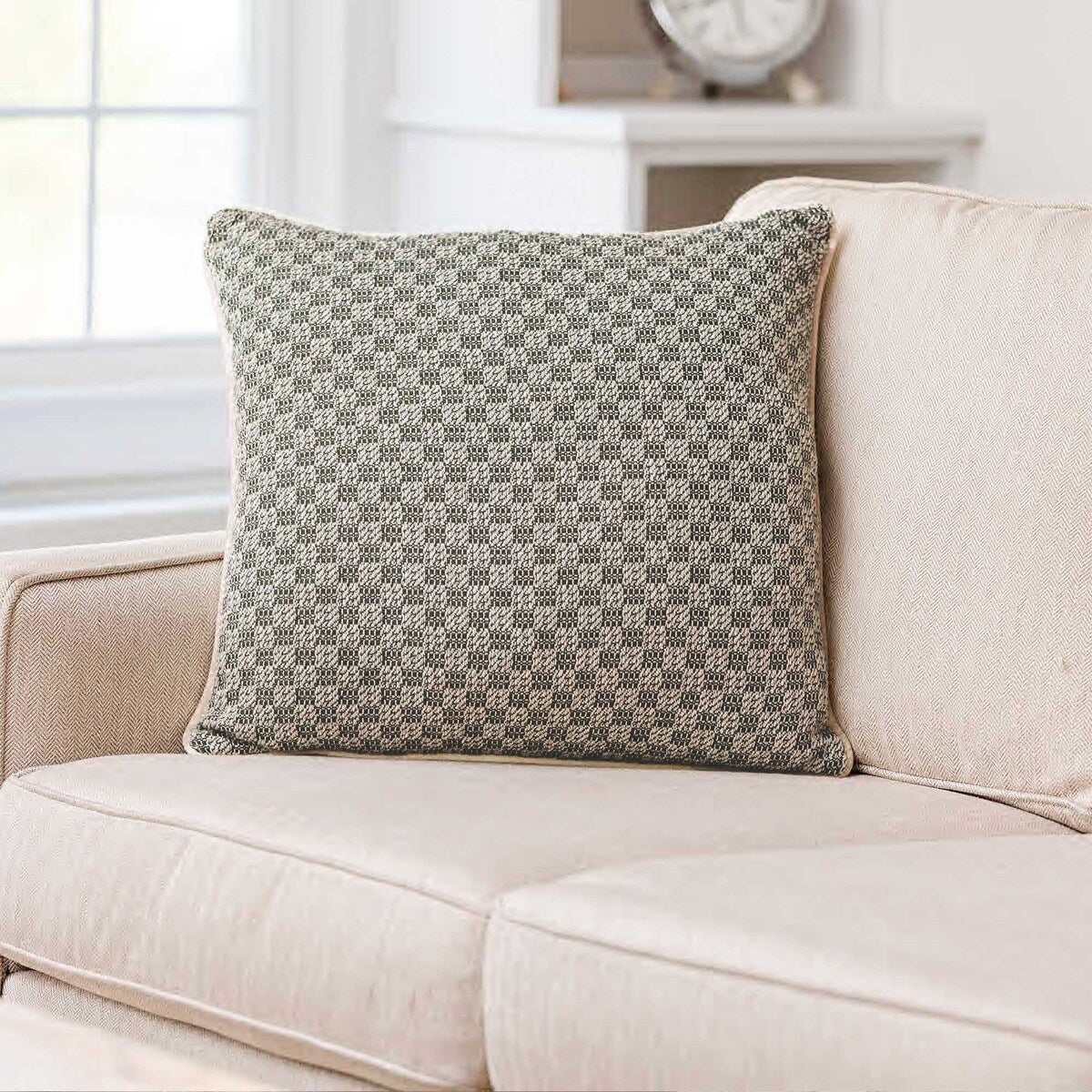 CHECKERED GREEN Cotton Woven Pillow By Kavka Designs