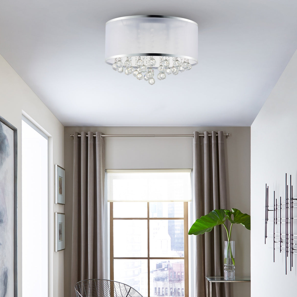 CO-Z 16-inch 4-Light Crystal Flush Mount Chandelier with White Drum Shade