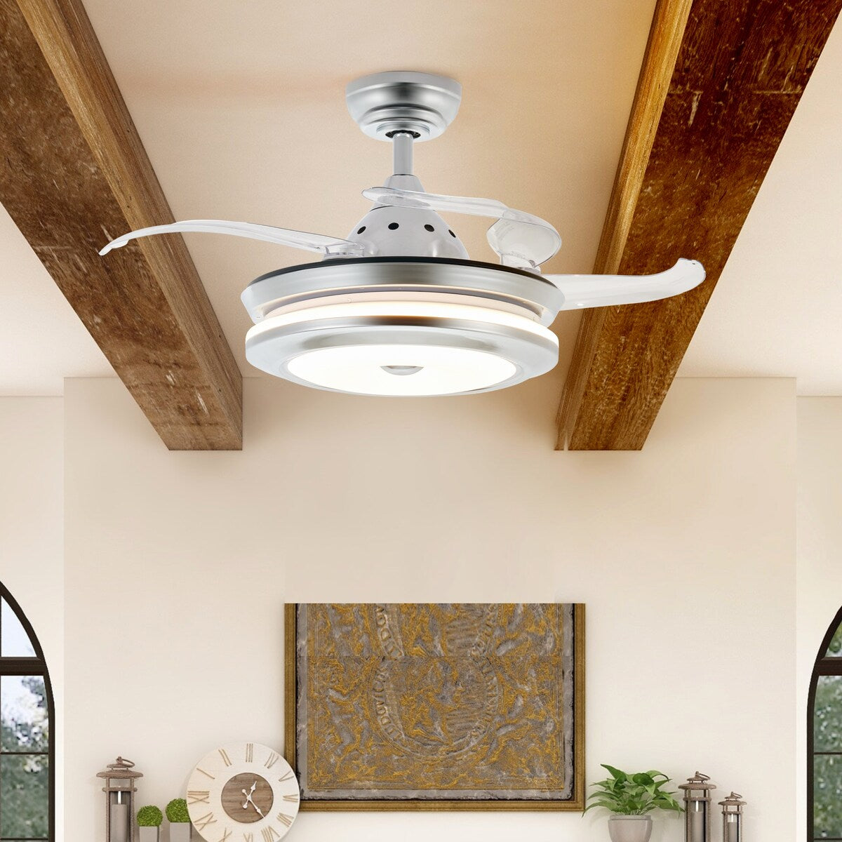 CO-Z 36-Inch Ceiling Fan with Light, 4 Retractable Blades, with Remote - Chrome
