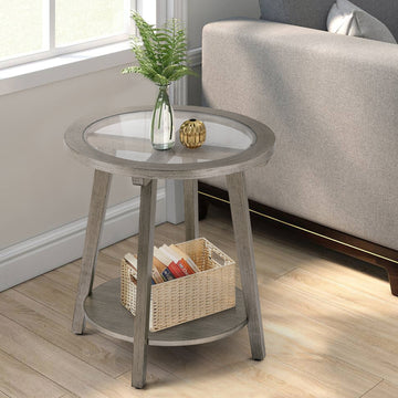 COSIEST 2-Tier Silver Round Glass Table for Living Room - 22" W x 22" D x 24"H