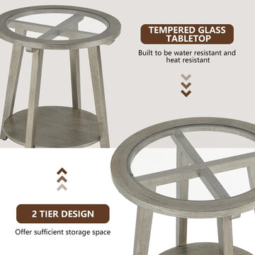 COSIEST 2-Tier Silver Round Glass Table for Living Room - 22" W x 22" D x 24"H