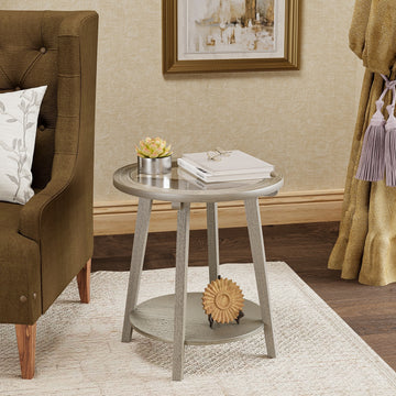 COSIEST 2-Tier Silver Round Glass Table for Living Room - 22" W x 22" D x 24"H