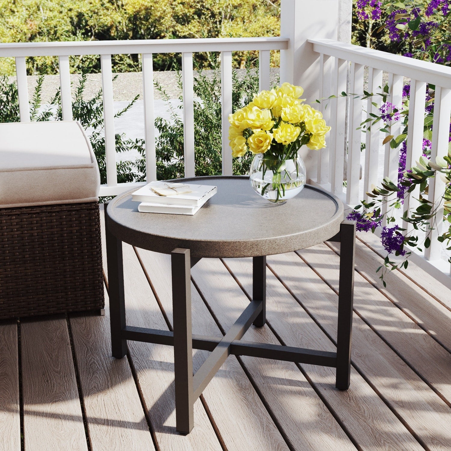 COSIEST Outdoor Patio Round Dark Grey Metal Coffee Table 12 Hx31.5 W