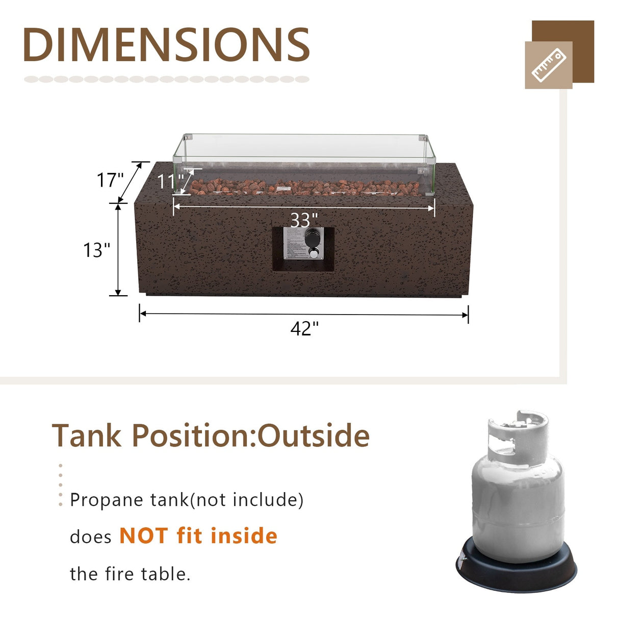 COSIEST Outdoor Rectangle Propane Fire Pit with Wind Guard, 50000BTU