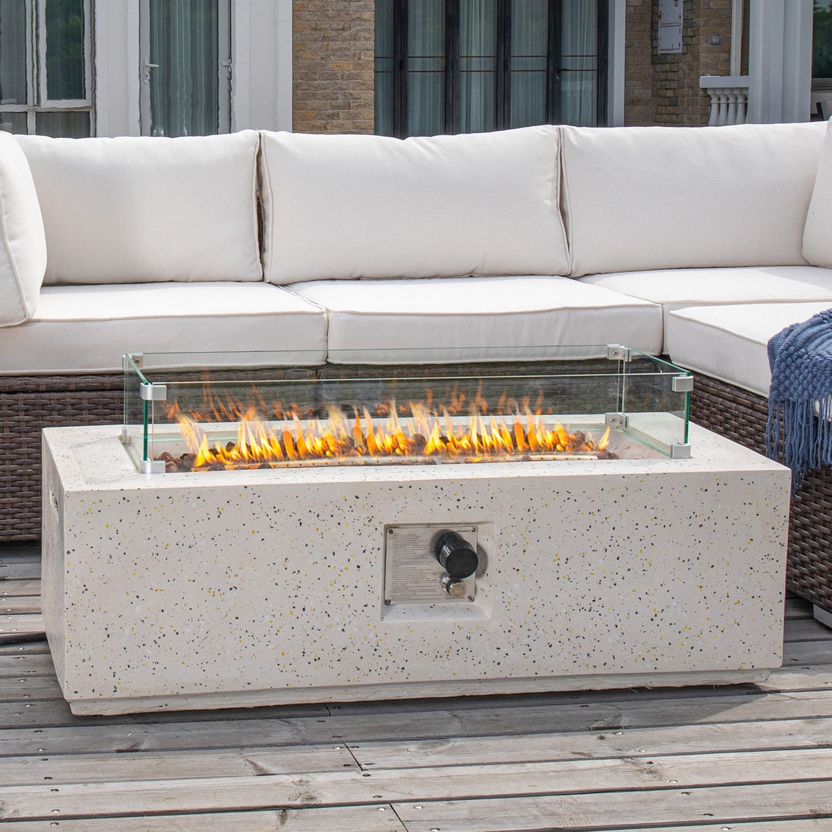 COSIEST Outdoor Rectangle Propane Fire Pit with Wind Guard, 50000BTU