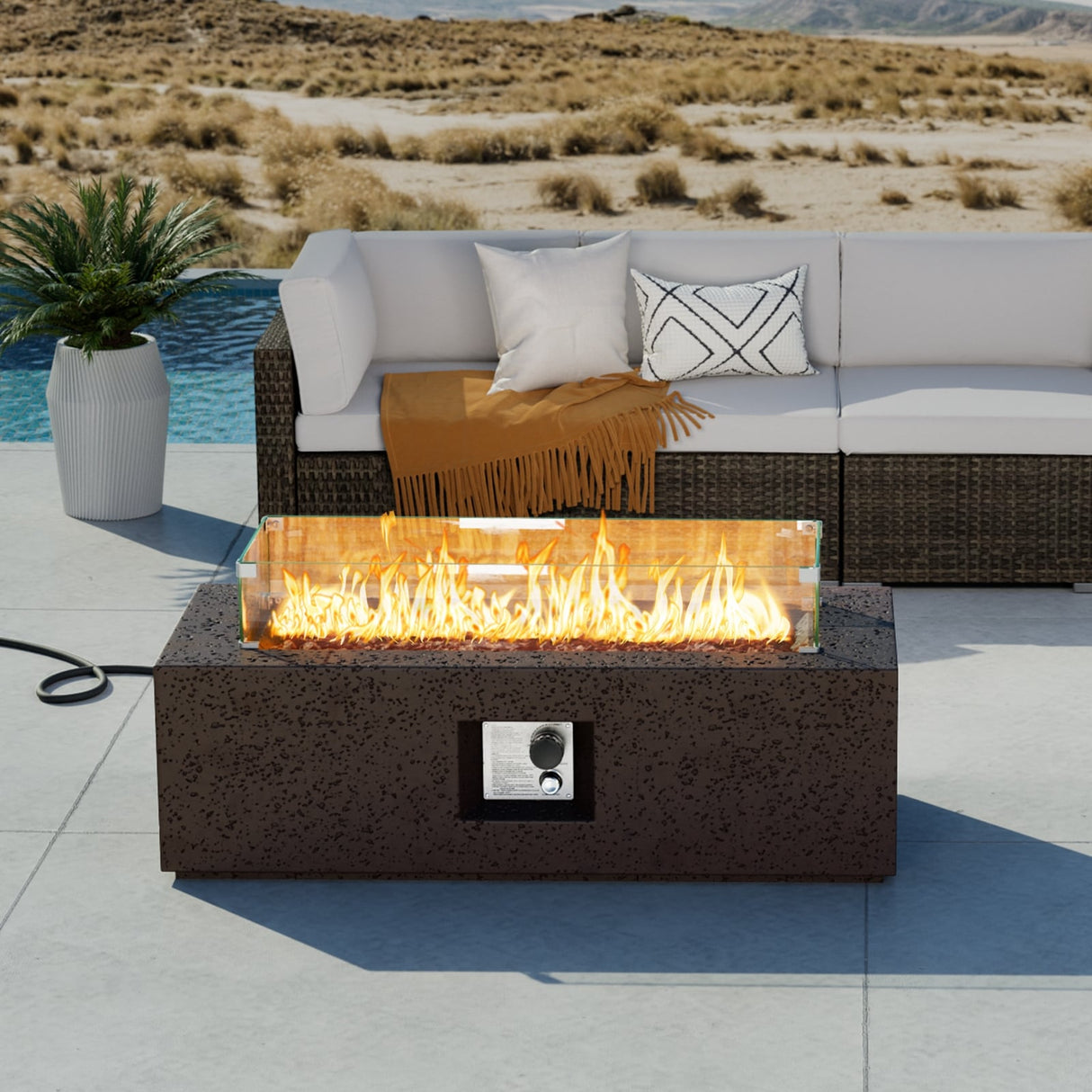 COSIEST Outdoor Rectangle Propane Fire Pit with Wind Guard, 50000BTU