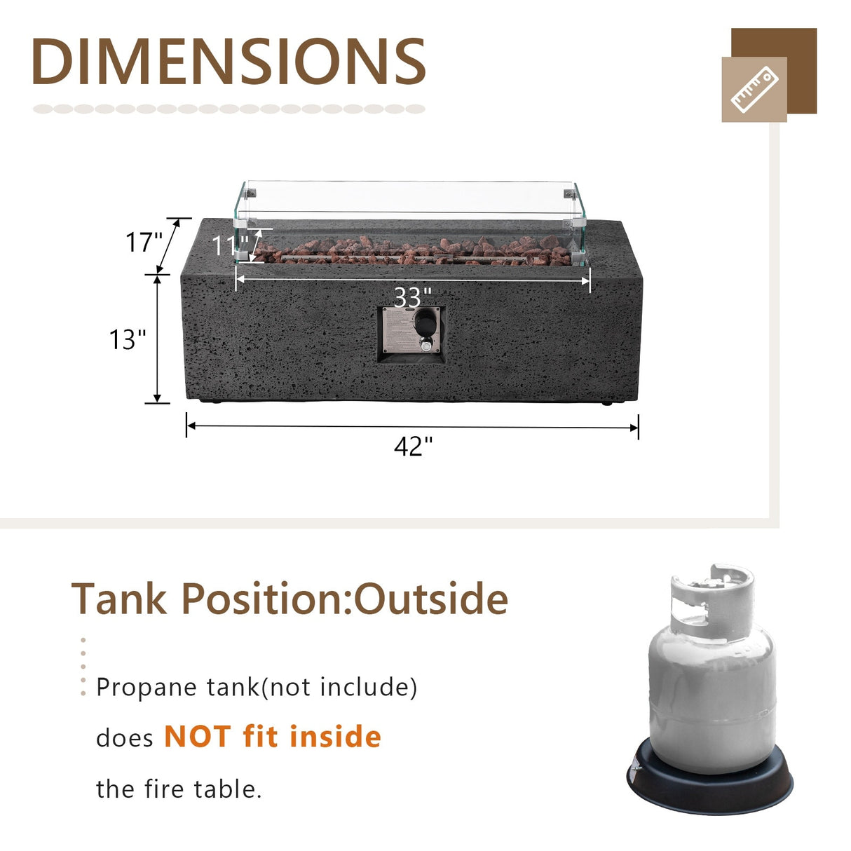 COSIEST Outdoor Rectangle Propane Fire Pit with Wind Guard, 50000BTU
