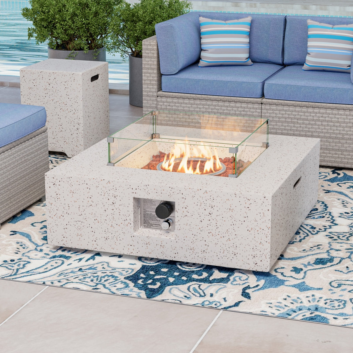 COSIEST Outdoor Square Propane Fire Pit Table w Tank Table, Wind Guard