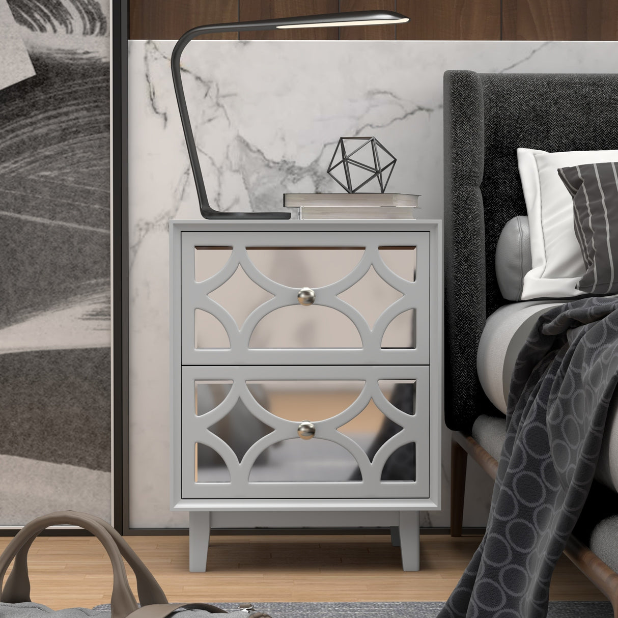 COZAYH 2-Pieces Contemporary Mirror Front 2-Drawer Nightstand