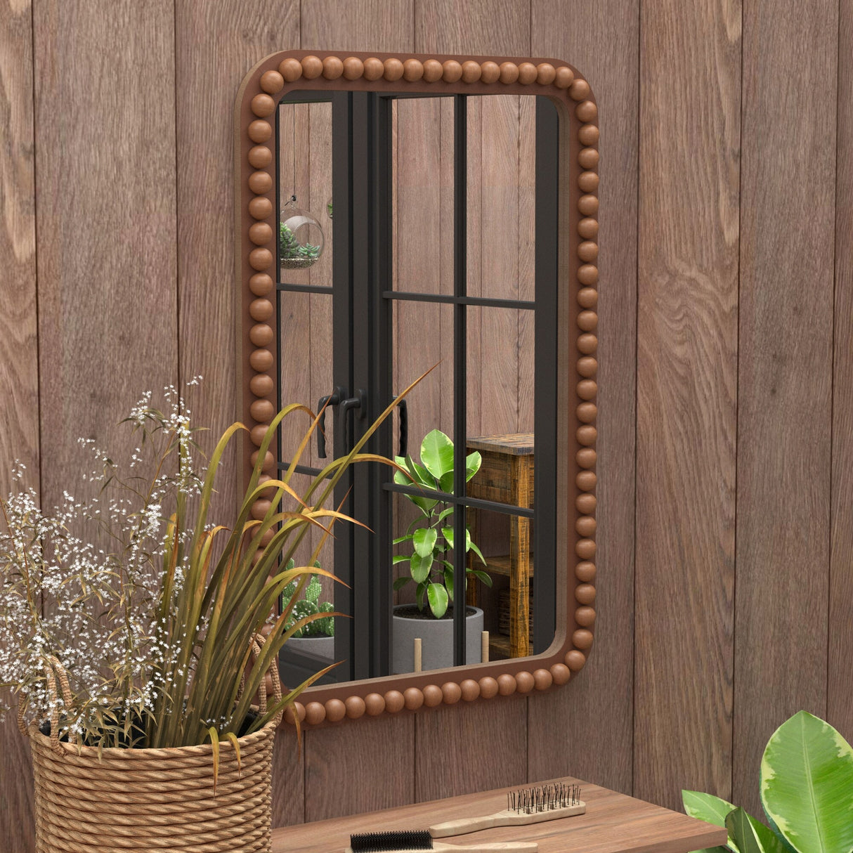 COZAYH Distressed Wood Frame Accent Mirror, Rustic Farmhouse Style Decorative Wall Mirror