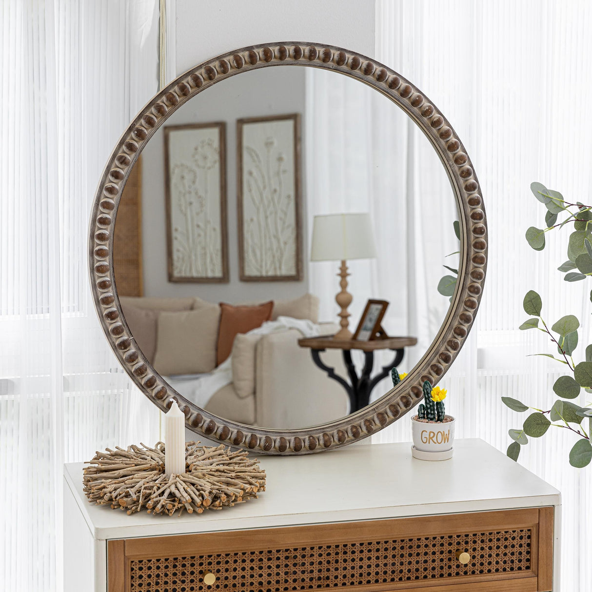 COZAYH Distressed Wood Frame Accent Mirror, Rustic Farmhouse Style Decorative Wall Mirror