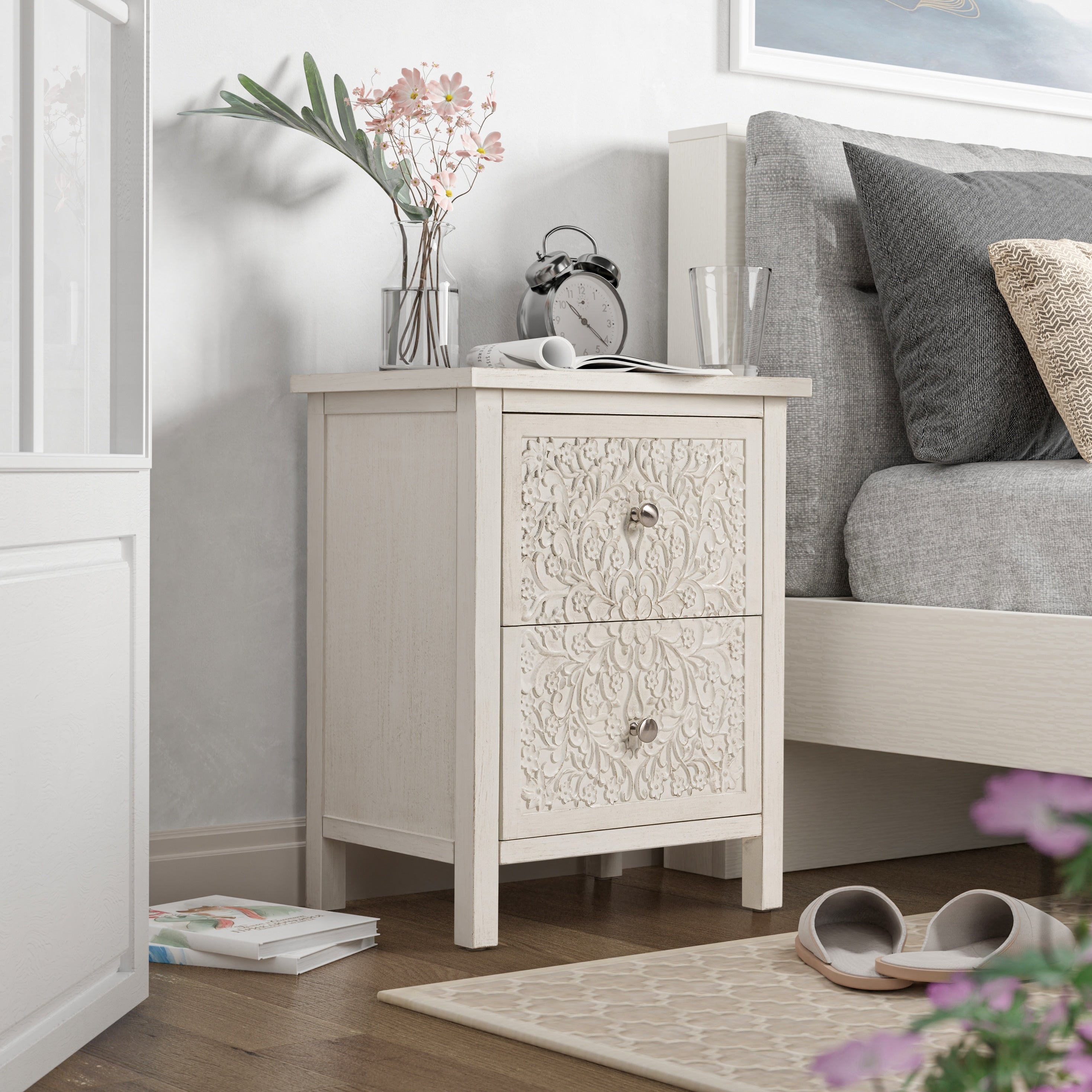 COZAYH Farmhouse Fully Assembled Nightstand with 2 Drawer Flower Motif End Table for Small Spaces French Country