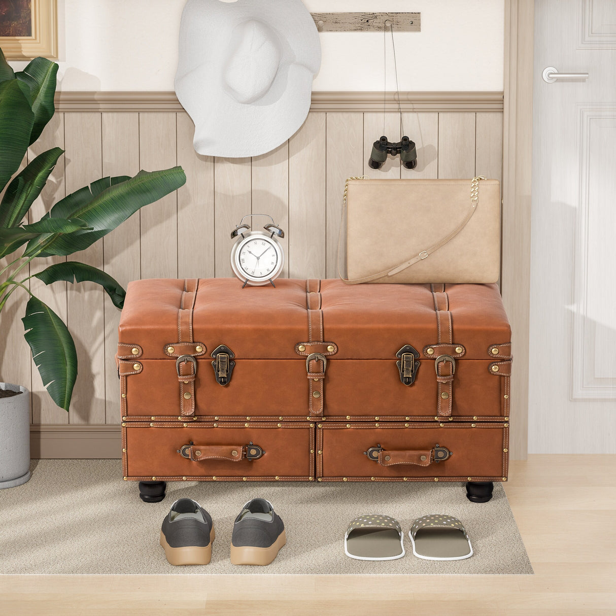 COZAYH Vintage Storage Ottoman Bench, Chest Cabinet with Latch Closure and Buckle for Bedroom Closet Home Organizer Decorative